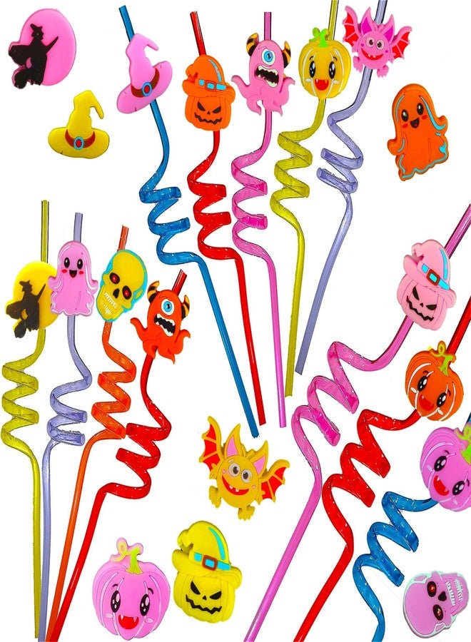 Roaqua 24 packs Bulk Halloween Reusable Plastic Straws For Kids Birthday Party Favors,Pumpkin Ghost Witch Crazy Drink Straws For Classroom Activity with brush - Image 1